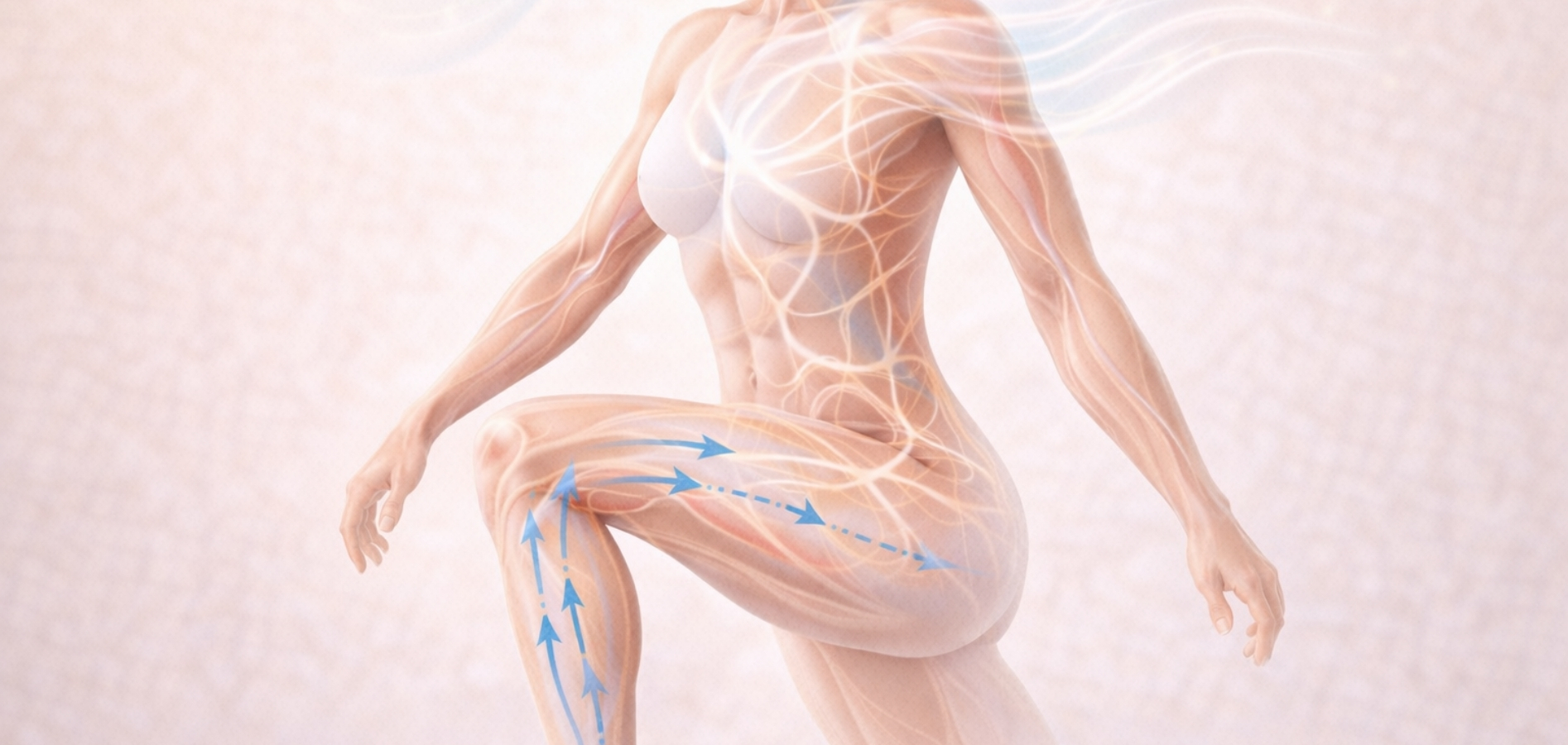 Propojení dechu, svalové kontrakce a fascií při podpoře toku lymfy v nohách. 