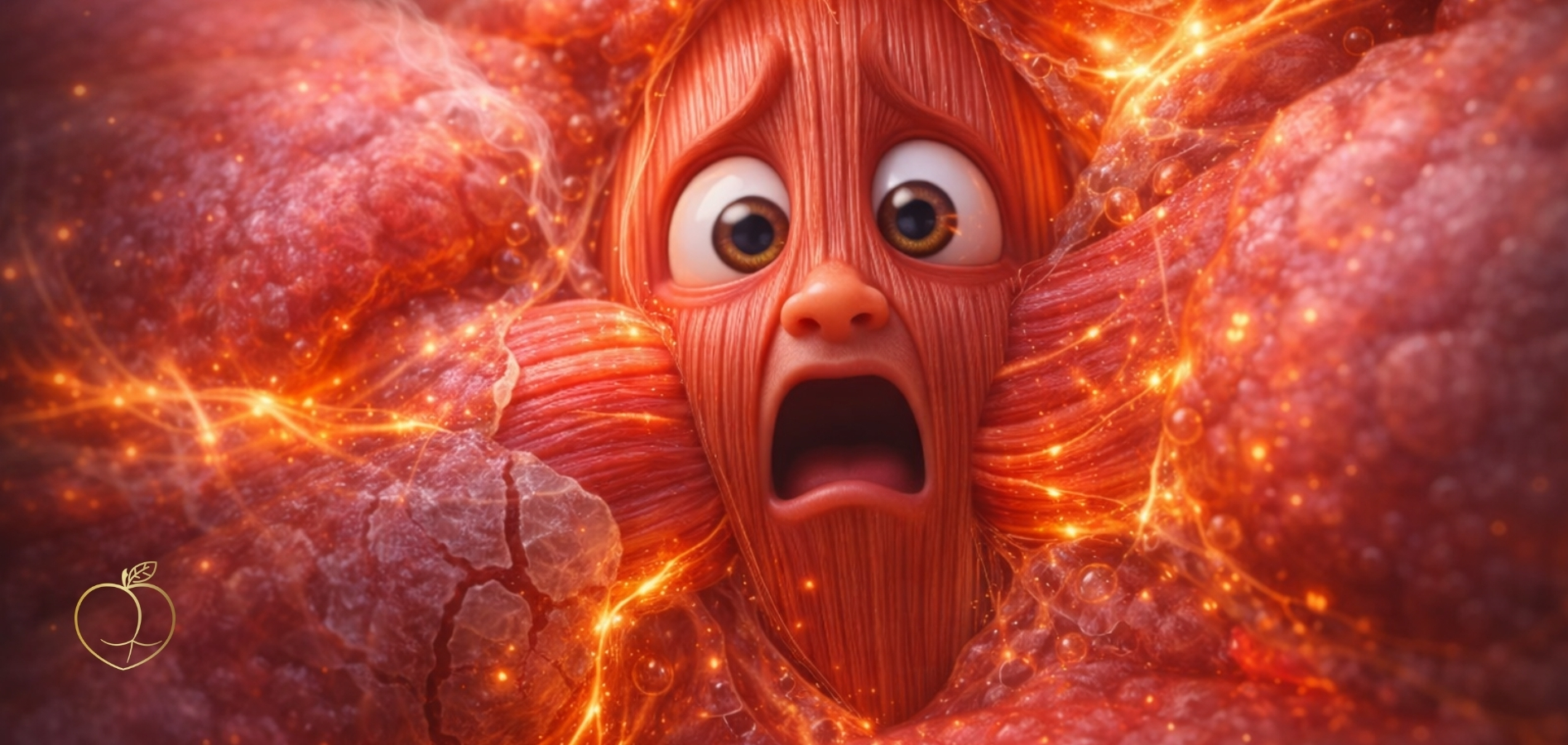 Symbolická 3D vizualizace svalového vlákna s lidskými rysy, které je sevřené zanícenou tkání – znázornění stresu, tlaku a nemožnosti přirozeně pracovat. 