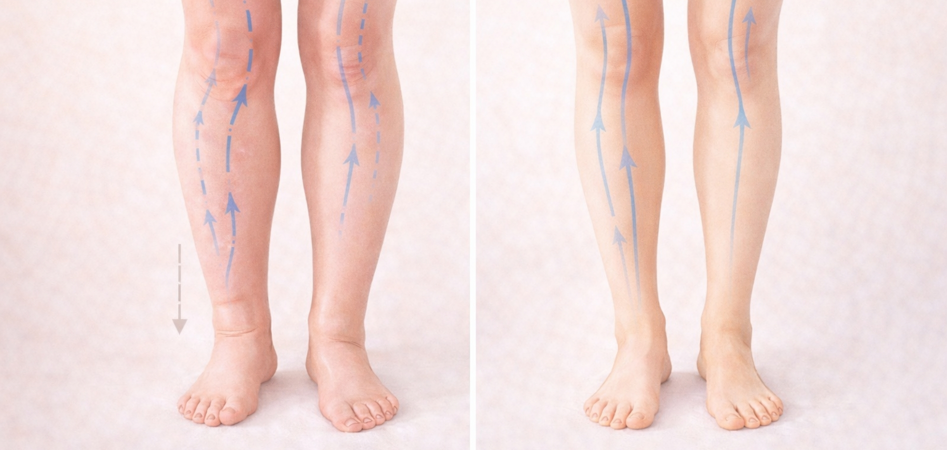 Srovnání lymfatické stagnace a zdravého toku lymfy v nohách - vliv gravitace. 