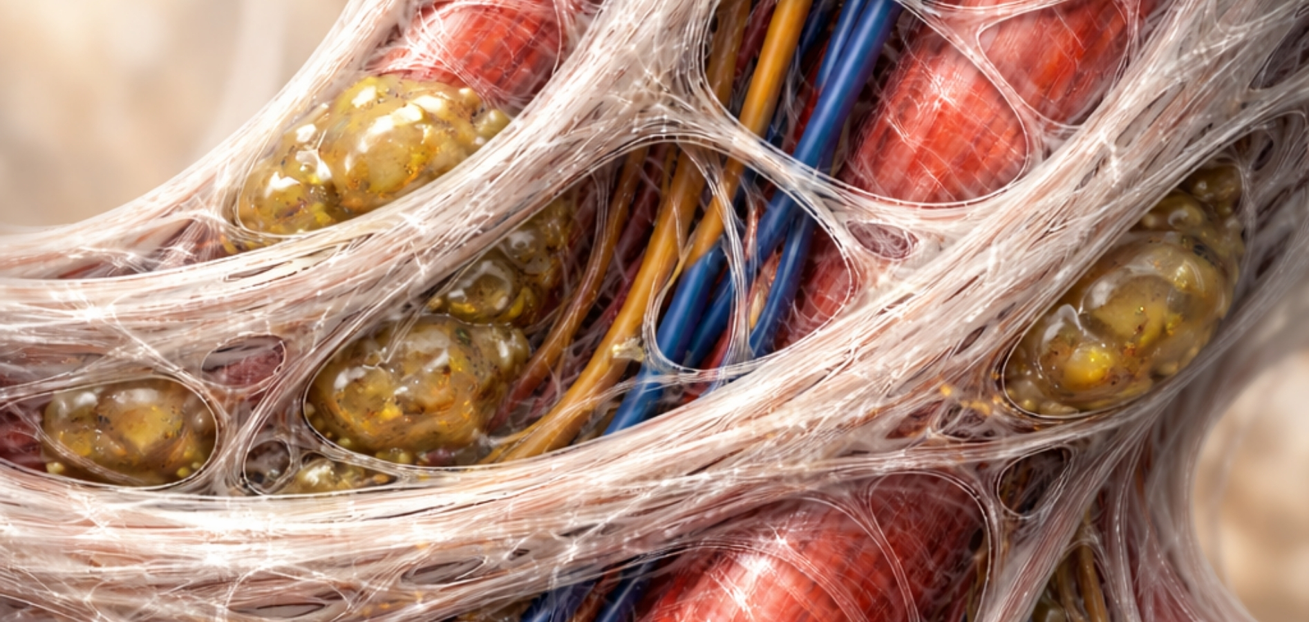 Ztuhlá fasciální síť se stagnací tekutin a omezeným tokem v hlubokých vrstvách tkáně. 