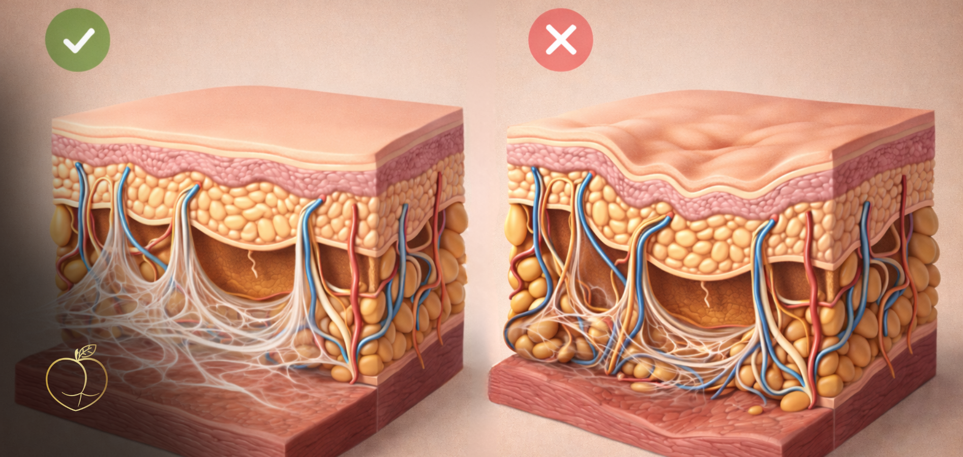 Ztuhlá fasciální tkáň se stagnujícími tekutinami, která nedokáže nést povrchu kůže.&nbsp; 