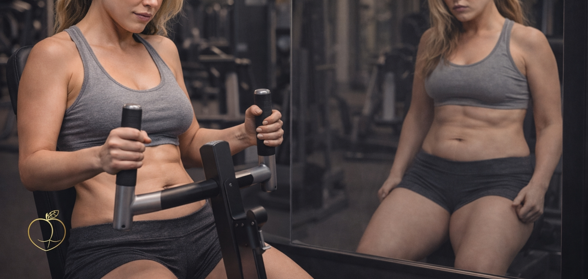 Ilustrace ženy cvičící ve fitness centru, která i přes námahu nevidí změnu v zrcadle – tělo je přetížené, stažené a nemá vytvořené podmínky pro skutečnou svalovou práci. 