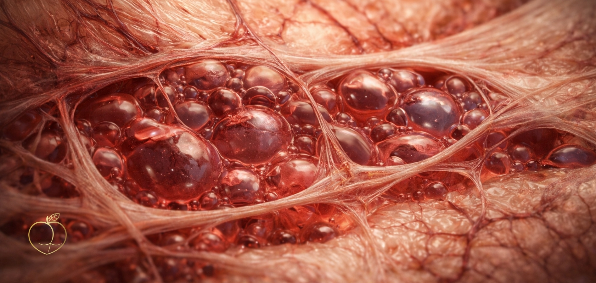 Detail ztuhlé fasciální tkáně s uvězněnými tekutinami mezi vlákny – typický obraz těžkého a zablokovaného těla, kde tekutiny nemohou volně proudit.&nbsp; 