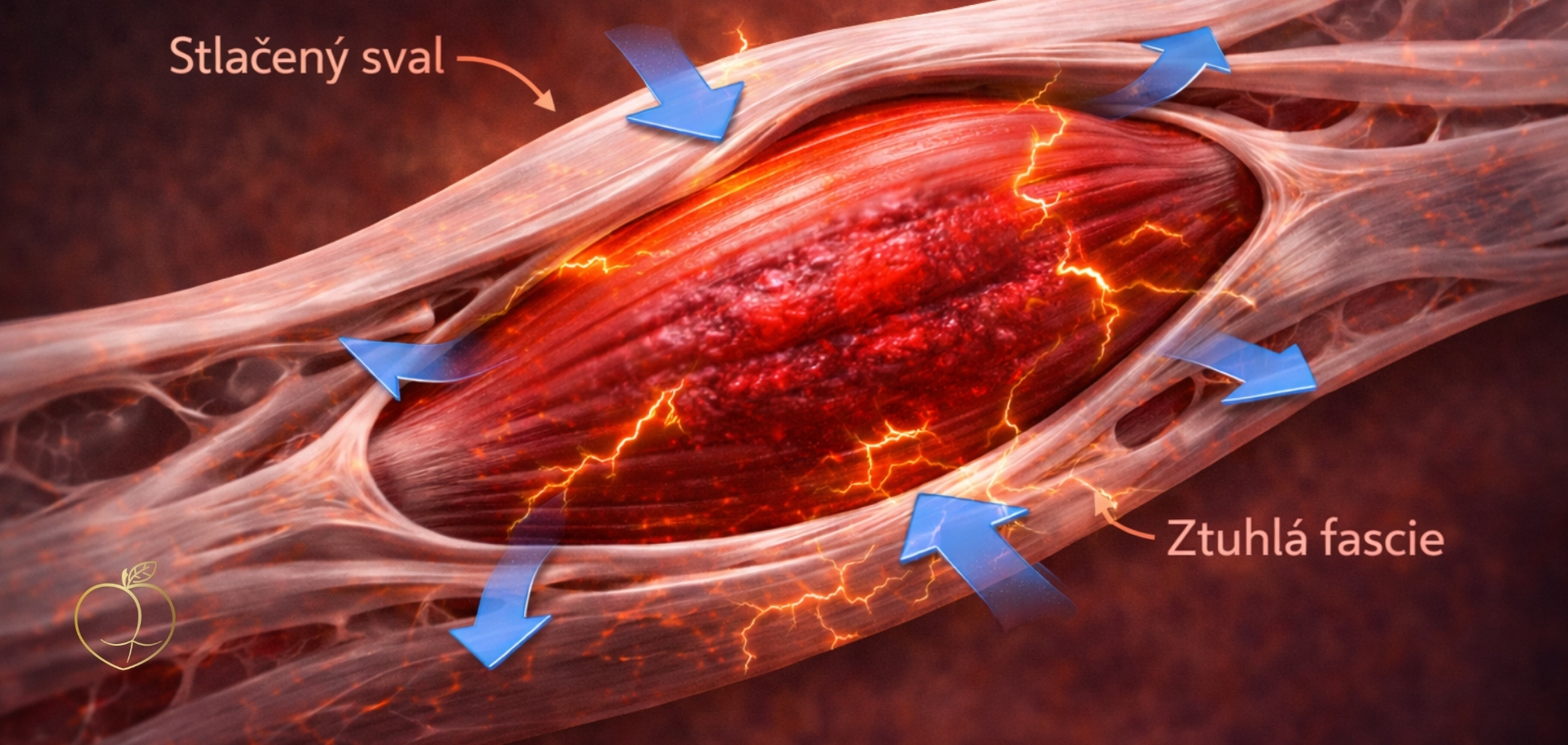 Vizualizace znázorňující sval obepnutý ztuhlou fascií, která ho stahuje ze všech stran a brání mu v přirozeném roztažení, dechu a pohybu.&nbsp; 